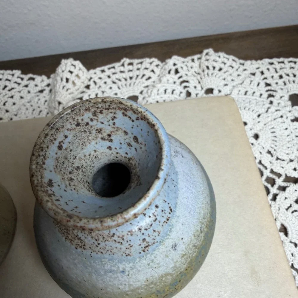 Studio Pottery Bud Vases Set 2 Signed Hand Thrown Ceramic Tan Blue Salt Glaze